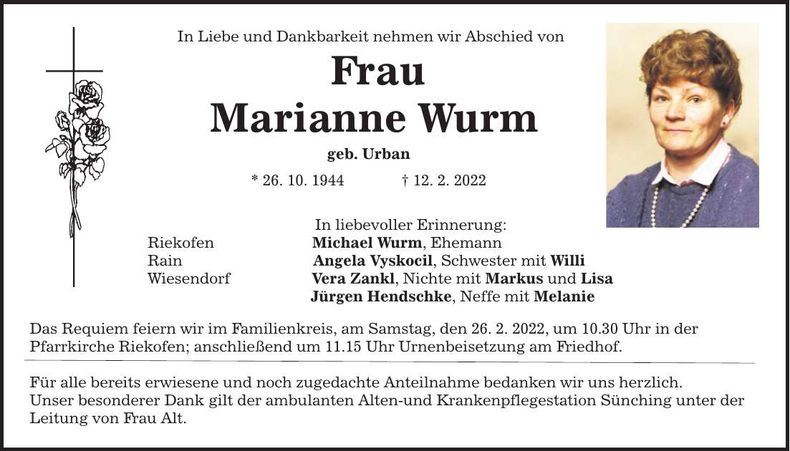 Traueranzeige Marianne Wurm