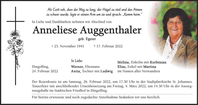 Traueranzeige Anneliese Auggenthaler