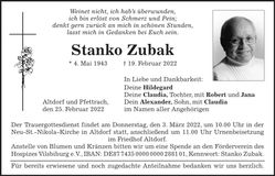Traueranzeige Stanko Zubak