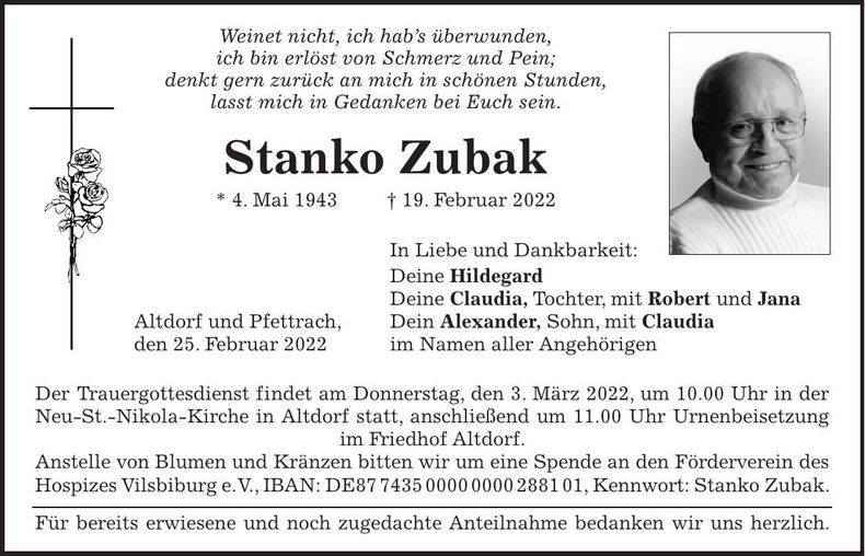 Traueranzeige Stanko Zubak