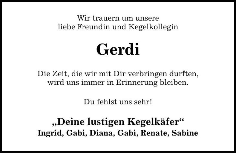 Traueranzeige Gerdi Kegelfreundin