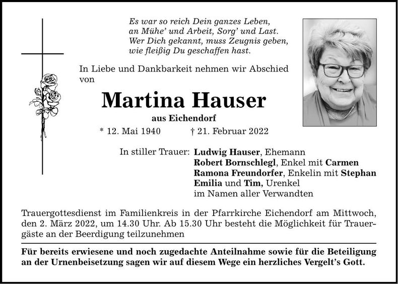 Traueranzeige Martina Hauser