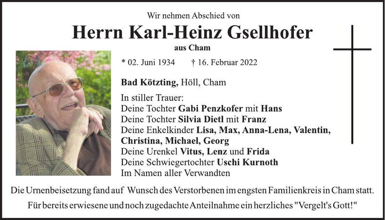 Traueranzeige Karl-Heinz Gsellhofer