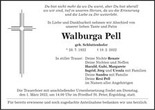 Traueranzeige Walburga Pell
