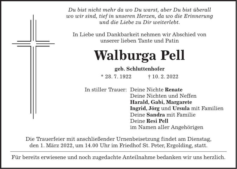 Traueranzeige Walburga Pell
