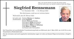 Traueranzeige Siegfried Brennemann