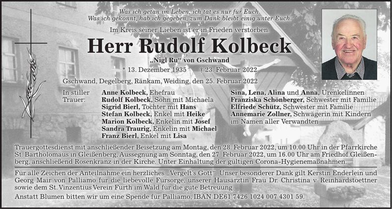 Traueranzeige Rudolf Kolbeck