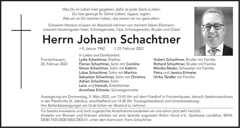 Traueranzeige Johann Schachtner
