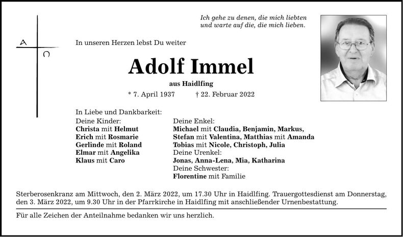 Traueranzeige Adolf Immel