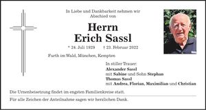 Traueranzeige Erich Sassl