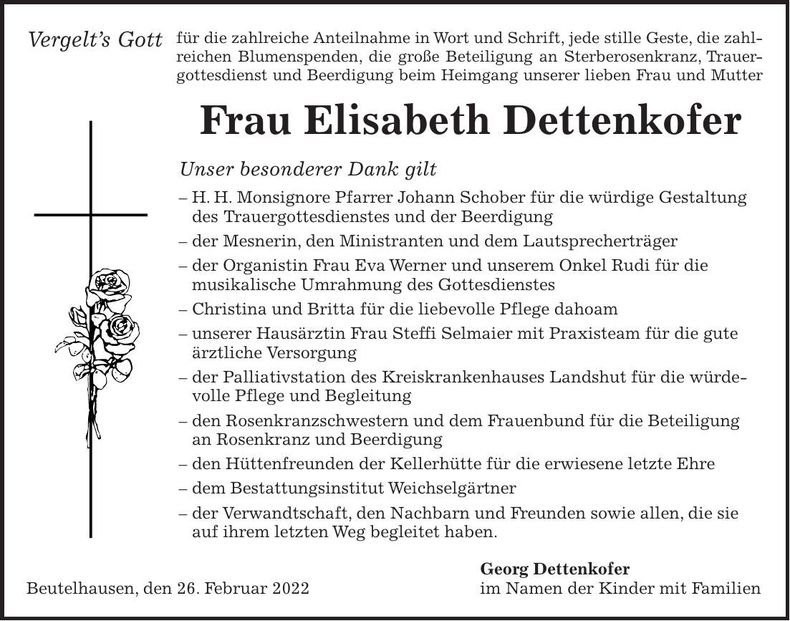 Traueranzeige Elisabeth Dettenkofer