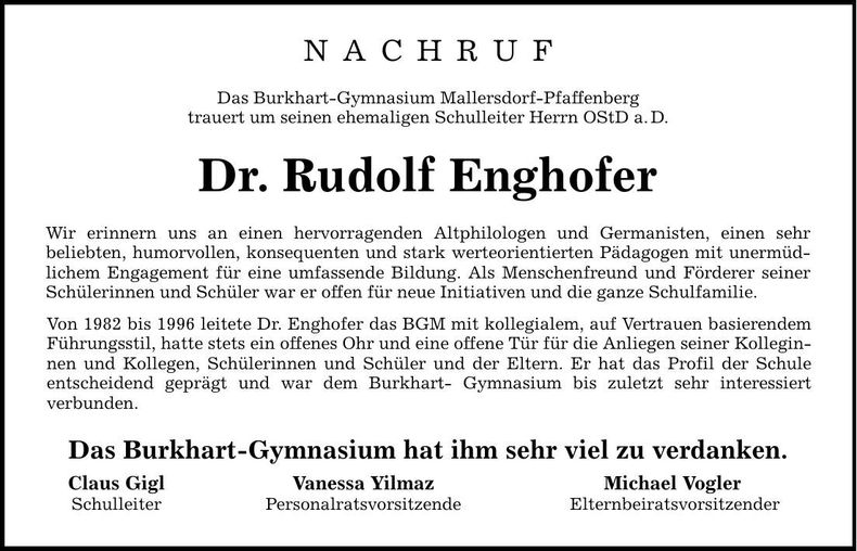 Traueranzeige Rudolf Enghofer