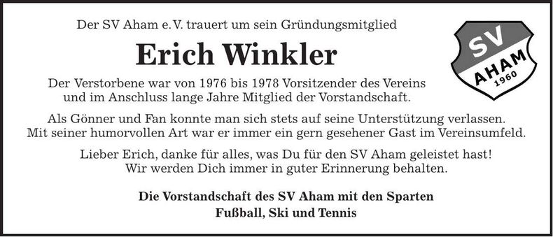 Traueranzeige Erich Winkler