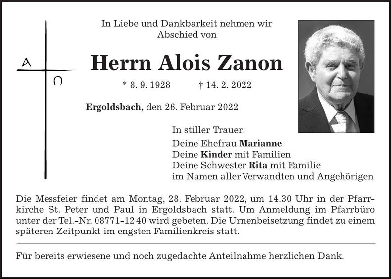 Traueranzeige Alois Zanon