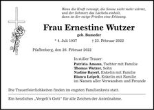 Traueranzeige Ernestine Wutzer