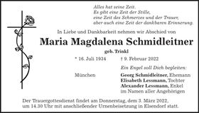 Traueranzeige Maria Magdalena Schmidleitner