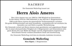 Traueranzeige Alois Ameres
