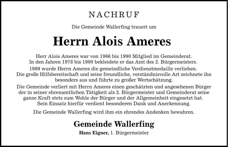 Traueranzeige Alois Ameres