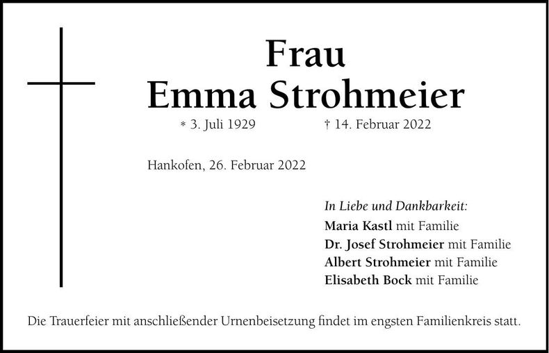 Traueranzeige Emma Strohmeier