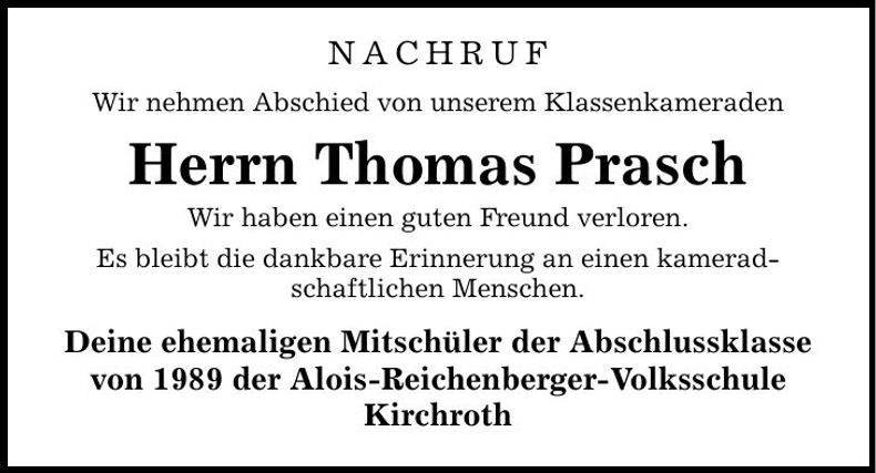 Traueranzeige Thomas Prasch