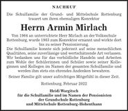 Traueranzeige Armin Mirlach