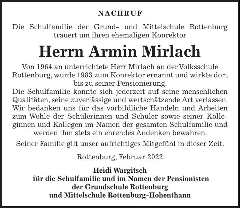 Traueranzeige Armin Mirlach