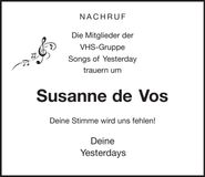 Traueranzeige Susanne de Vos