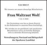Traueranzeige Waltraut Wolf