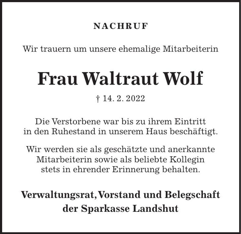 Traueranzeige Waltraut Wolf