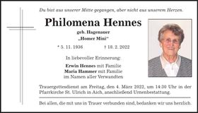 Traueranzeige Philomena Hennes