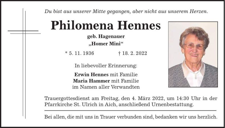 Traueranzeige Philomena Hennes