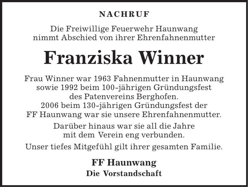 Traueranzeige Franziska Winner