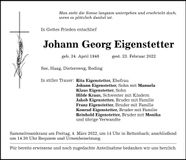 Traueranzeige Johann Georg Eigenstetter