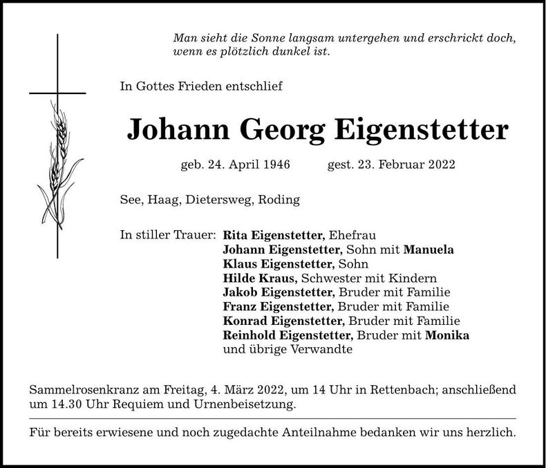 Traueranzeige Johann Georg Eigenstetter