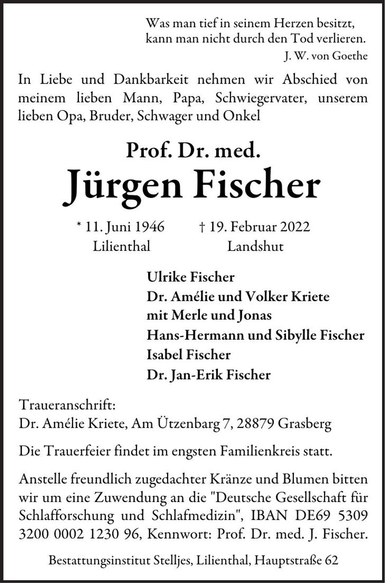 Traueranzeige Jürgen Prof. Dr. med. Fischer