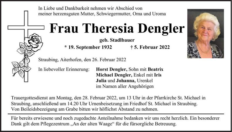Traueranzeige Theresia Dengler