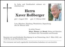 Traueranzeige Xaver Roßberger