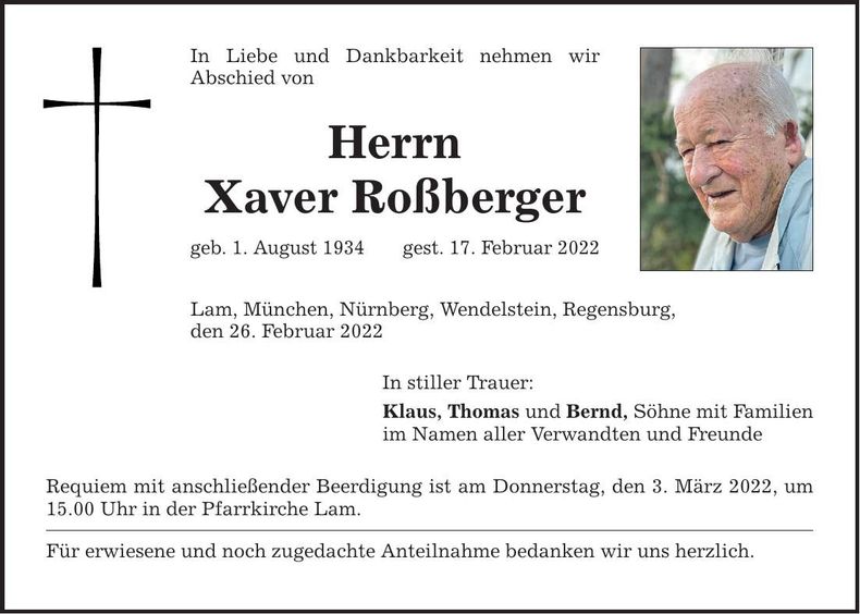 Traueranzeige Xaver Roßberger