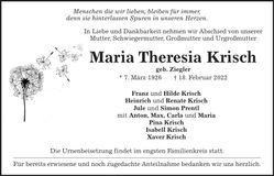 Traueranzeige Maria Theresia Krisch