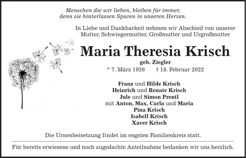 Traueranzeige Maria Theresia Krisch