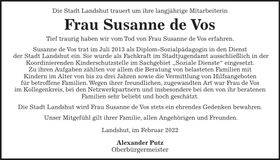 Traueranzeige Susanne de Vos