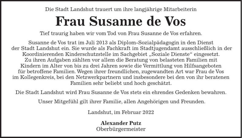 Traueranzeige Susanne de Vos