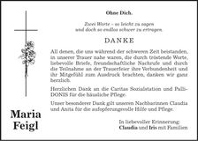 Traueranzeige Maria Feigl