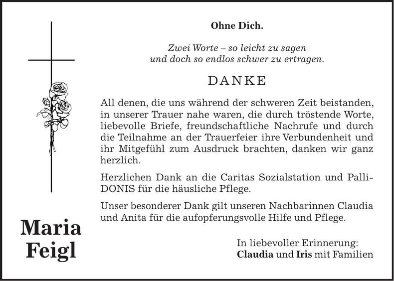 Traueranzeige Maria Feigl
