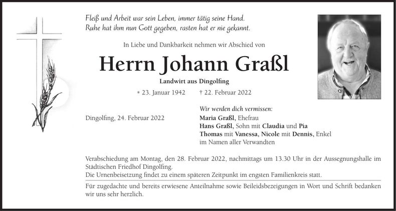 Traueranzeige Johann Graßl