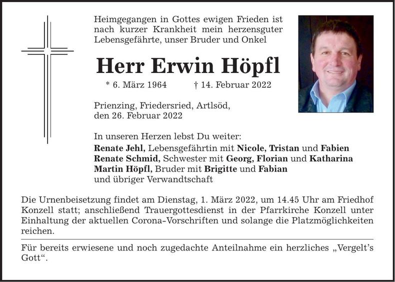 Traueranzeige Erwin Höpfl
