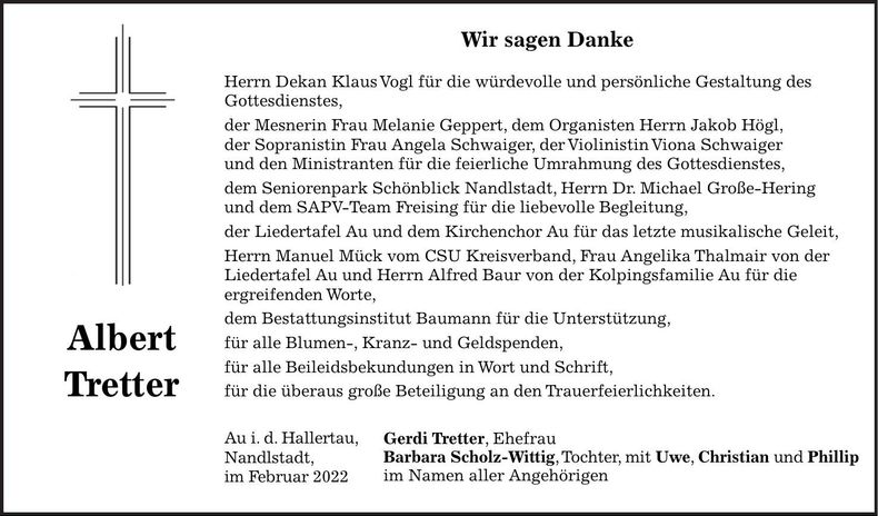 Traueranzeige Albert Tretter