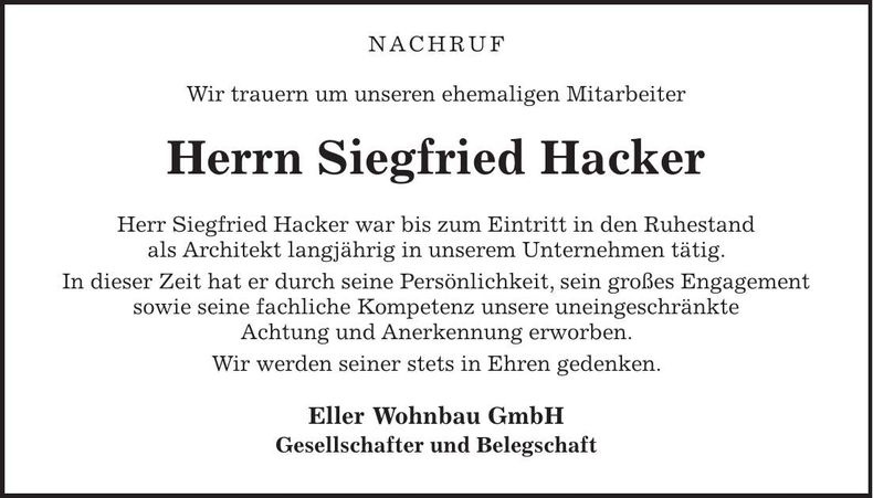 Traueranzeige Siegfried Hacker