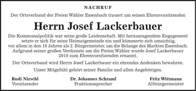Traueranzeige Josef Lackerbauer