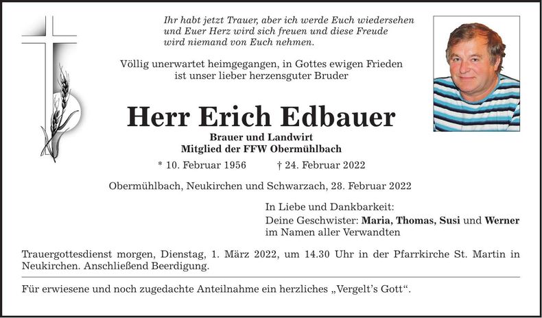Traueranzeige Erich Edbauer